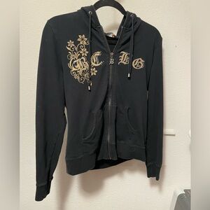 BCBG Maxazria Y2K Bedazzled Full Zip Wings Cross Rhinestones Black Hooded